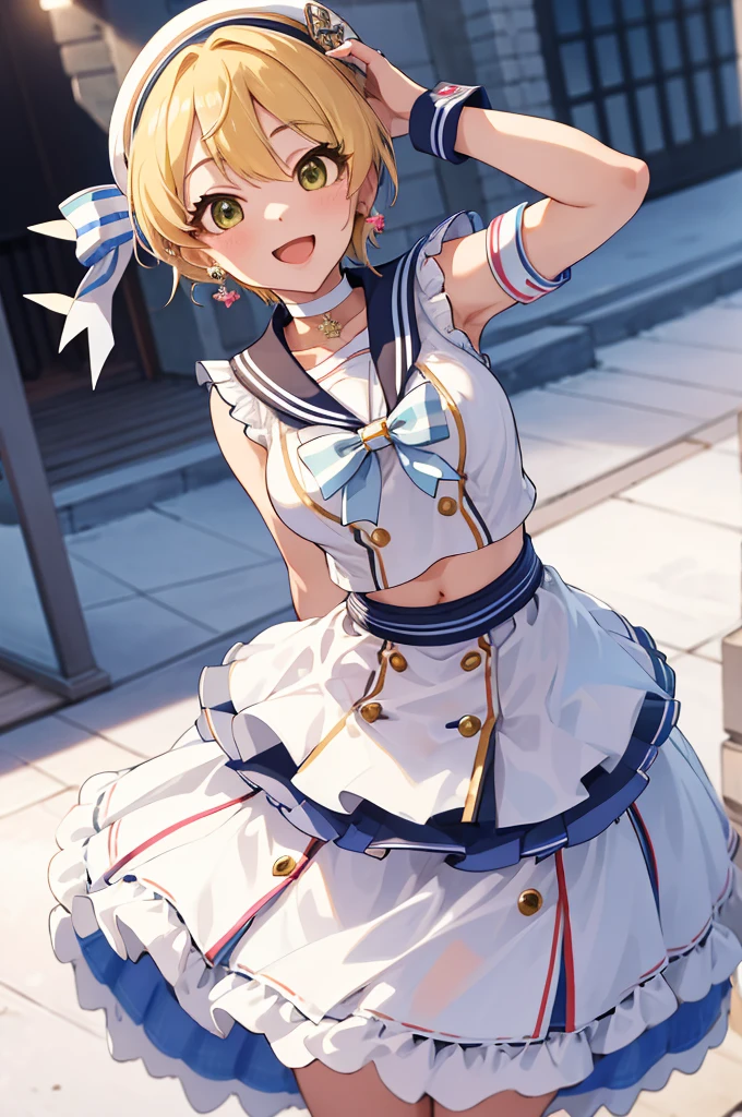 masterpiece, best quality, highres, hmfre, blonde hair, beret, white headwear, earrings, choker, sailor collar, shirt, white bow, sleeveless, wrist cuffs, midriff, white skirt, see-through, idolmaster cinderella girls, leaning forward, smile, open mouth, arms behind back,