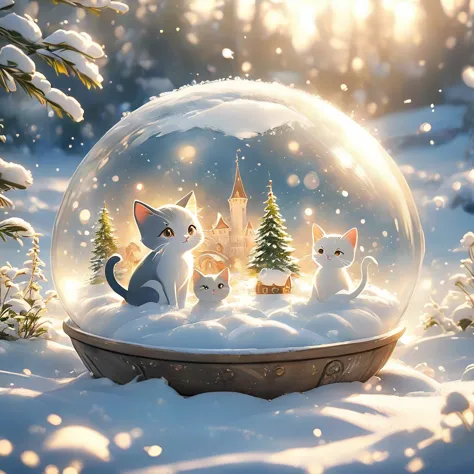 Snow Scene，snow，Cat（（（Romantic atmosphere）））（（（fairy tale elements）））（（（masterpiece）））， （（best quality））