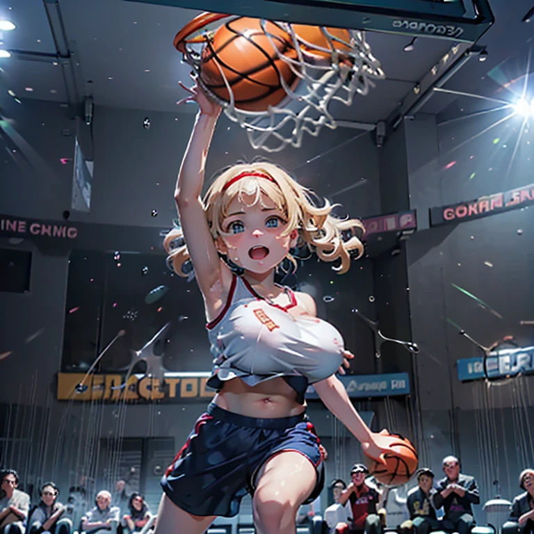 (Top quality, ultra-high quality, ultra-high definition, realistic masterpiece, (extremely detailed CG illustration: 1.2) One girl, (((Mini cute girl))) (Basketball player, uniform with team name embroidered, navel exposed) (Loli big breasts, 10 years old: 1.5) Realistic anime face (Indoor stadium, many lights on the ceiling, many spectators, cheers) (((Beautiful girl slam dunking dynamically with both hands, using a large bomb instead of a basketball, goal hoop creaking))) Sweat droplets flying, impressive lighting, powerful composition