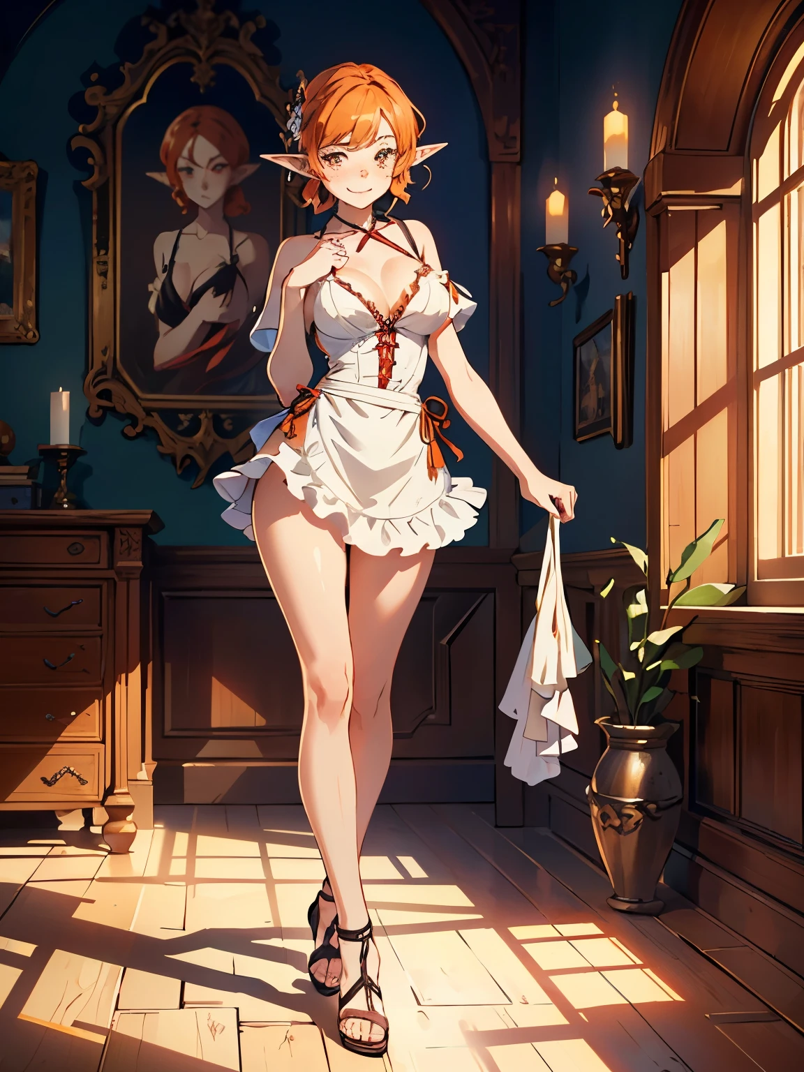 (masterpiece, high resolution,ultra - detailed:1.0),1 girl,Young and beautiful woman, ((freckles)), long elf ears, eyes looking away from camera, ((grinning)), Perfect female body, (full body), (medieval room), Extremely detailed CG,Unity 8k wallpaper，Complicated details, solo person, (red eyes), diamond shaped eyes, medium hair length, (orange hair), ((sexy red and white one_piece lingerie)), short maid apron, lace up knee length sandles, bare_shoulders, NSFW, diaphanous outfit, exposed breasts, cleavage, (cheering pose), happy, marble castle walls,(desert design),Portrait,color difference, Depth of field,dramatic light, Ray tracing, Best quality, Cinematic lighting, official art,