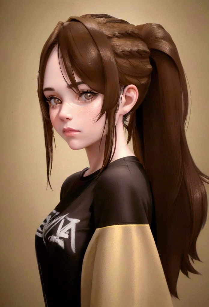 a beautiful young woman with long brown hair pulled back into a ponytail, brown eyes with a blank expression, bright flawless skin, wearing a black t-shirt and black shorts, (best quality,4k,8k,highres,masterpiece:1.2),ultra-detailed,(realistic,photorealistic,photo-realistic:1.37),intricate details,elegant,natural lighting,cinematic,studio lighting,sharp focus,vivid colors,warm tones,high contrast