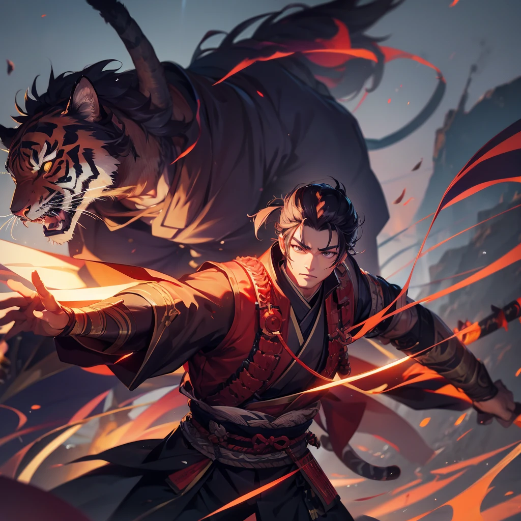 1 handsome samurai, manly, handsome, tiger ,  , demon slayer rui fanart, 8k, hd, unreal engine, 