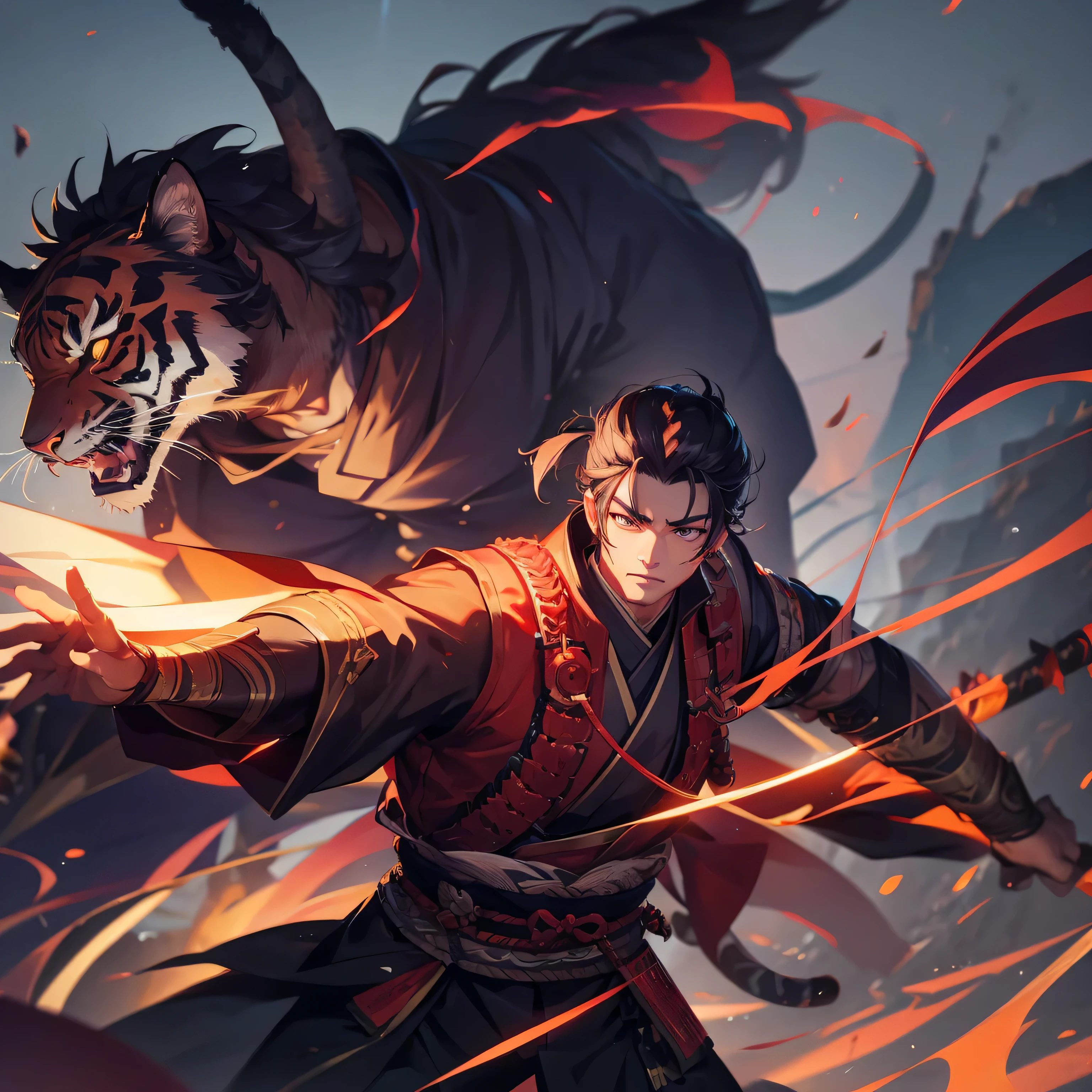 1 handsome samurai, manly, handsome, tiger ,  , demon slayer rui fanart, 8k, hd, unreal engine, 