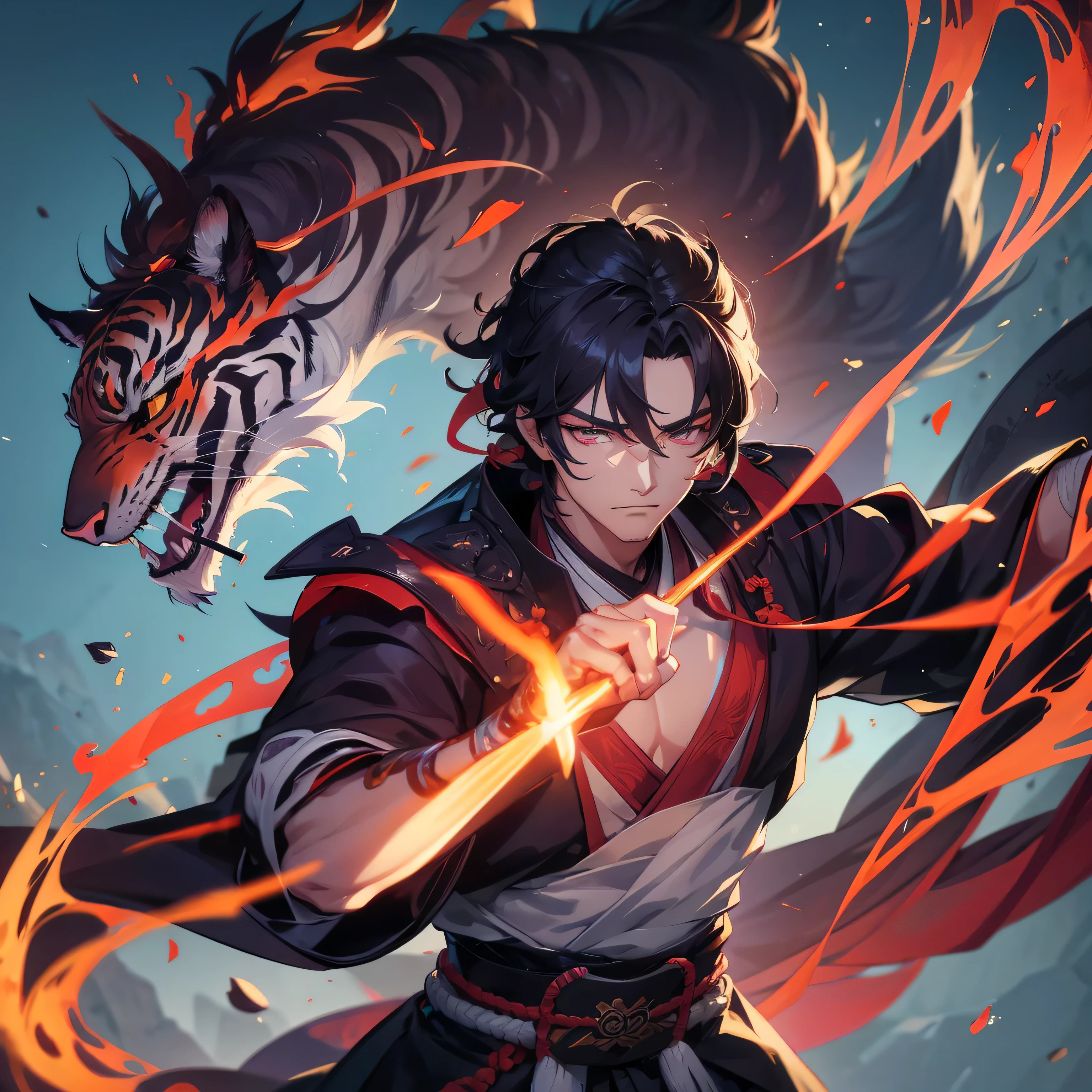 1 bonito samurai, viril, bonito, Tigre ,  inspirado em Bian Shoumin, Heise Jinyao, Inspirado por Seki Dosheng, cai xukun, por Yang J, Arte em estilo Guviz, DeviantArt Artstation CGScosiety, Fanart de Rui Demon Slayer, 8K, alta definição, motor irreal, 