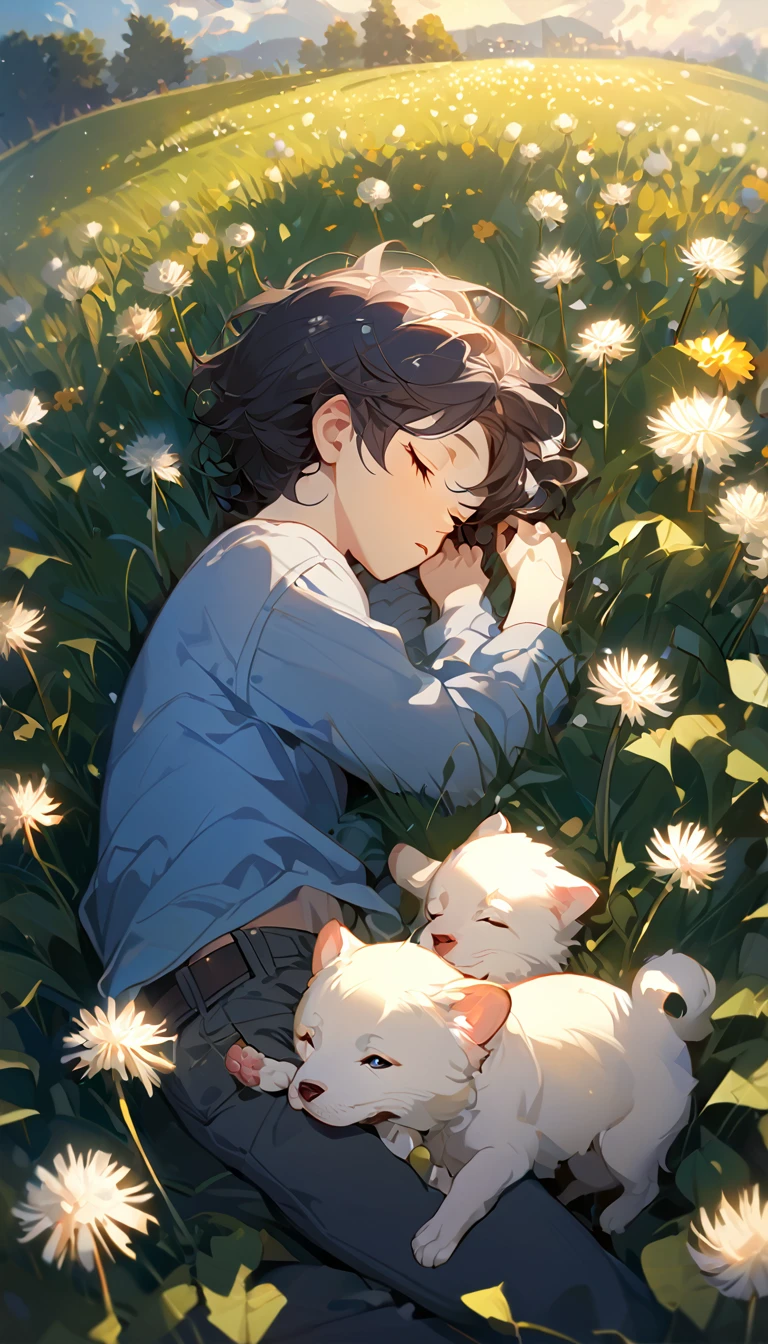 masterpiece, best quality, 8k, 4k, 1boy, kid, sleeping, dark blue hair with red stripes, blue long sleeve shirt, short pale brown pants with pocket, lay down on the field,  white puppy sleeping next to the boy, siberian white puppy, white dandelions fields, dandelions Taraxacum erythrosperm, wind blowing, sleeping on the fields, finely detailed eyes and detailed face, inspired by Asukaziye artist : ask, art style : ask