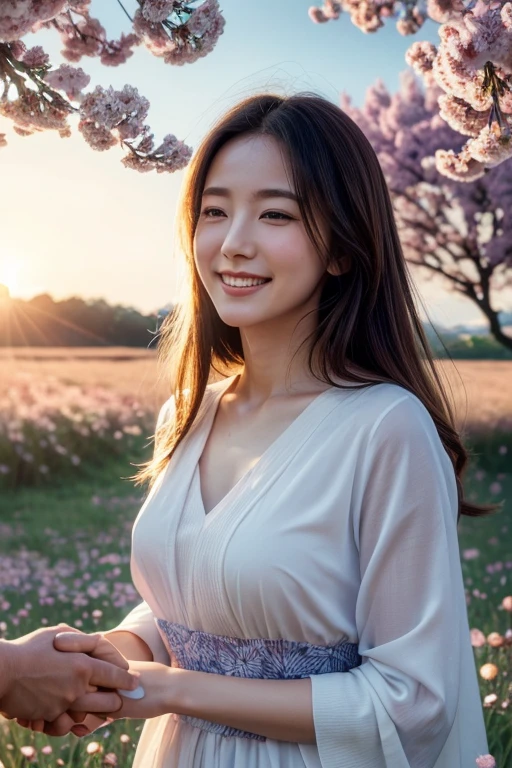 a woman in a field of blooming cherry blossoms, blue sky, wind blowing, woman's hand, smiling, holding hands, warm feeling of humanity, ethereal, serene, photorealistic, high quality, 8k, detailed, cinematic lighting, vibrant colors, masterpiece