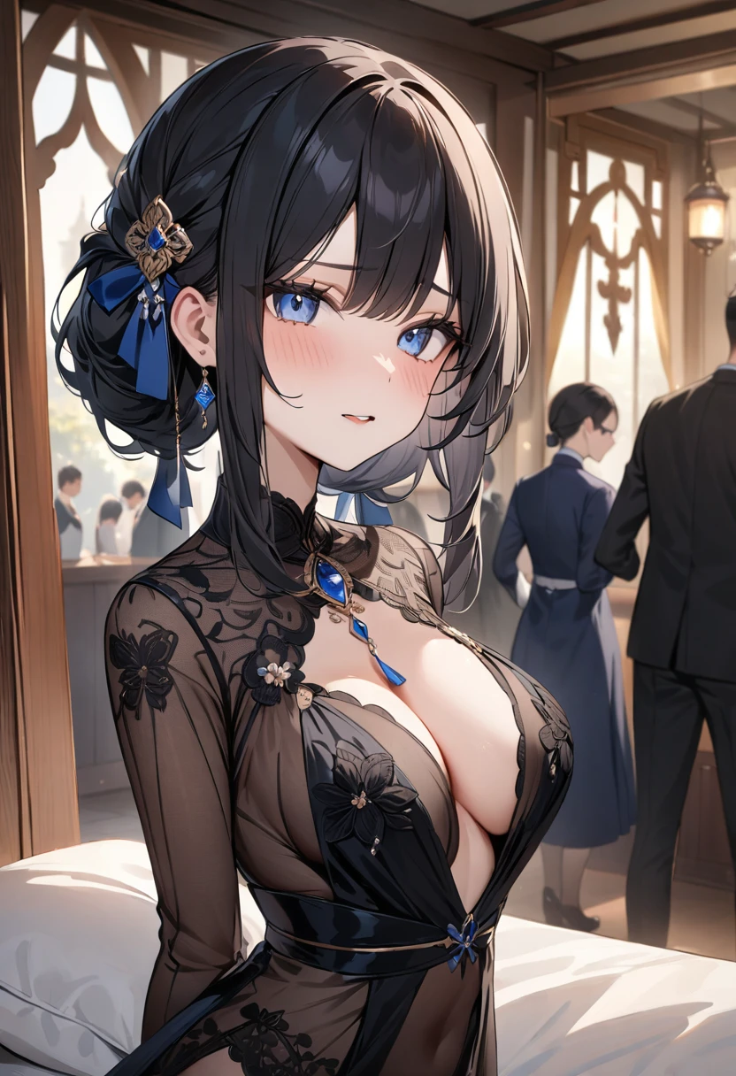 (masterpiece, top quality, very aesthetic, 4k、8ｋ、illustration), intricate detail, 1girl,Standing 、(upper body)、clear face、()、
Cute 、black hair、,middle hair,sidelock ,,blue eye、Clothes to seduce men、,medium breasts、Slim 、