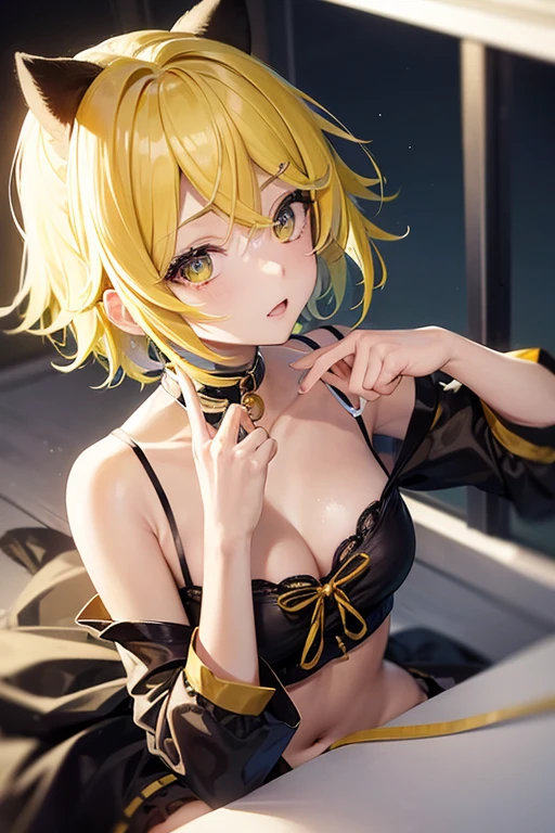 Vocaloid vocal, Kagamine Rin-like face, hair color is light yellow, a panicked expression, a troubled expression, Japanese anime song, synth pop, comical, hi-speed BPM, tip tune sound, hand claps, lively, energetic