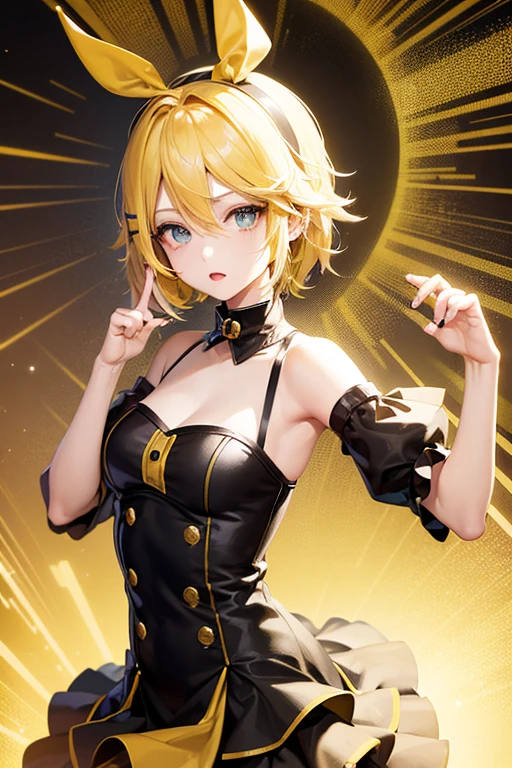 vocal Vocaloid, rosto estilo Kagamine Rin, a cor do cabelo é amarelo claro, Uma expressão de pânico, uma expressão perturbada, música de anime japonesa, sintetizador pop, cômico, BPM de alta velocidade, som de música de ponta, batidas de palmas, vivaz, Energético