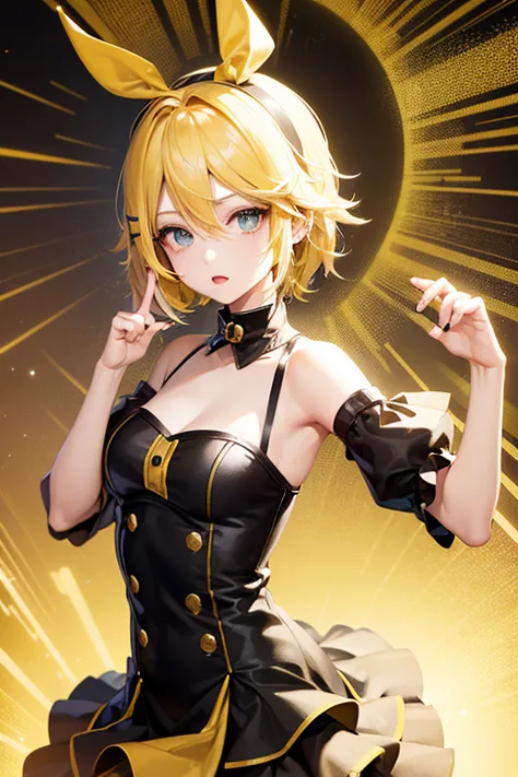 Vocaloid vocal, Kagamine Rin-like face, hair color is light yellow, a panicked expression, a troubled expression, Japanese anime...