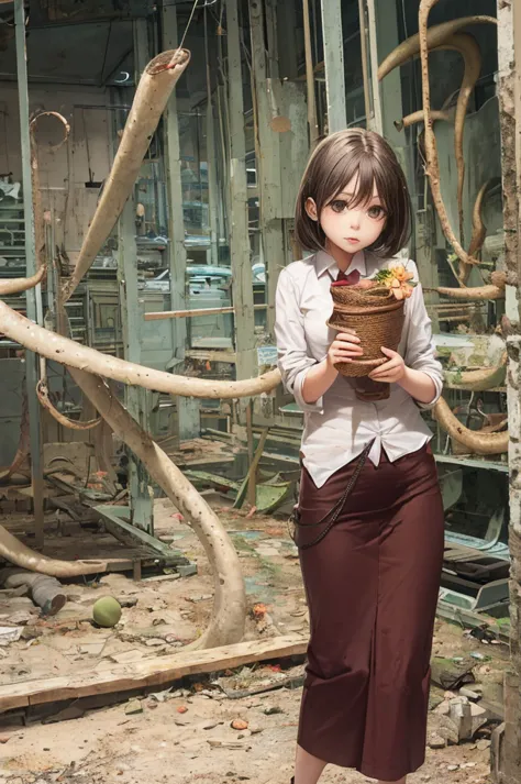 girl captured by tentacles in abandoned factory　tentacles in a skirt　pants fabric texture