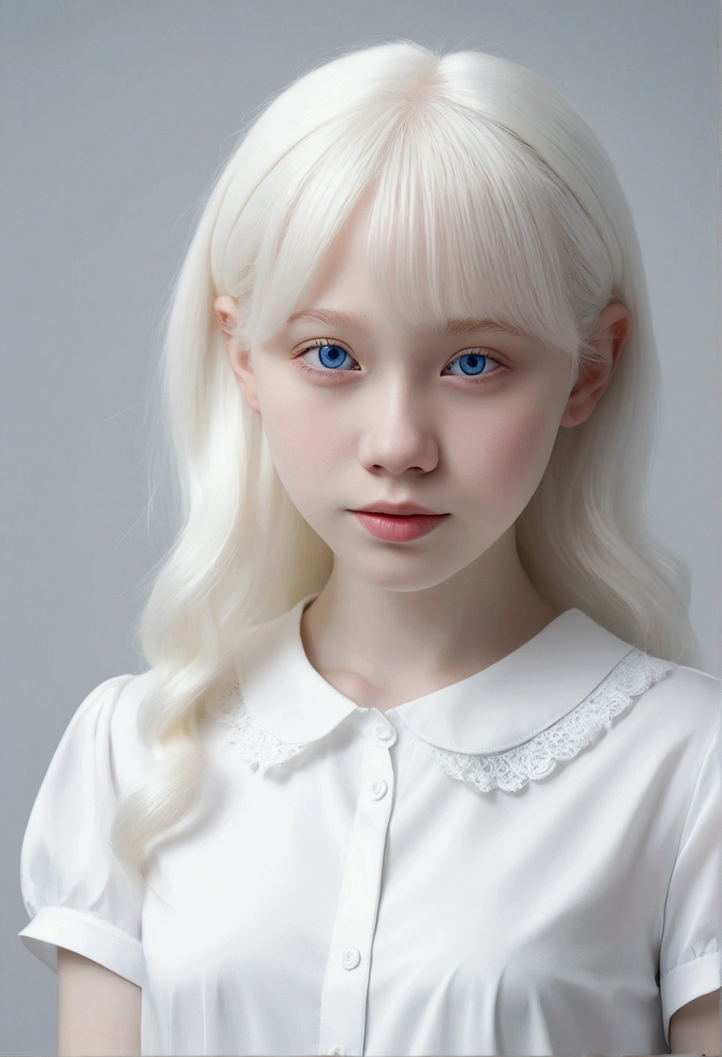 (((White Background:1.3)))、(((1 albino girl、Cute Face、pretty girl))), 16 years old,(((The eyes are white:1.3)))、White Dress、((White shirt:1.3、White Block Dress)), Tyndall effect, Realistic, Shadow Studio,ultramarine、illumination, Dual tone illumination, (Skin with attention to detail: 1.2)、薄Dark illumination、Dark illumination、 photograph, High resolution, 4K, 8k, Background Blur,Beautiful fade out、White world、White Background