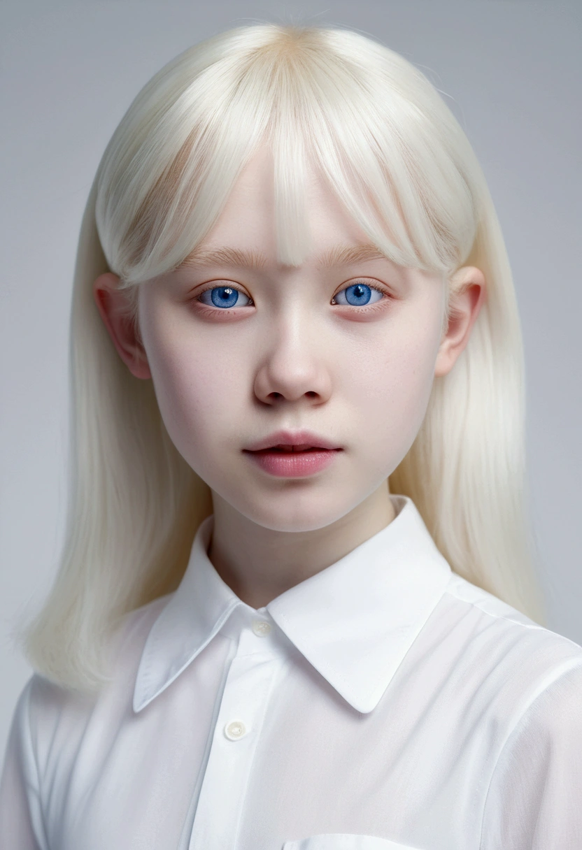 (((White Background:1.3)))、(((1 albino girl、Cute Face、pretty girl))), 16 years old,(((The eyes are white:1.3)))、White Dress、((White shirt:1.3、White Block Dress)), Tyndall effect, Realistic, Shadow Studio,ultramarine、illumination, Dual tone illumination, (Skin with attention to detail: 1.2)、薄Dark illumination、Dark illumination、 photograph, High resolution, 4K, 8k, Background Blur,Beautiful fade out、White world、White Background