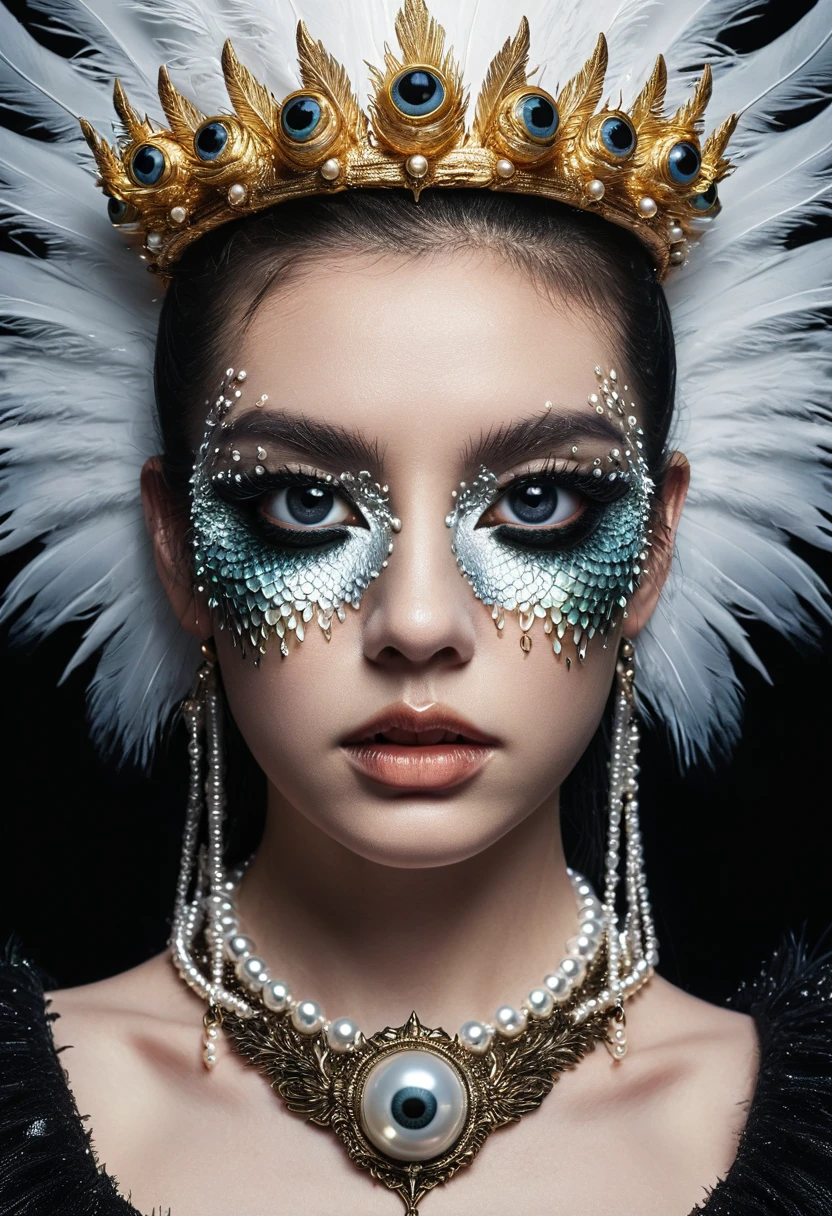 (((Grotesque Aesthetics:1.37))),Fish demon，Fish scale skin on shoulders，There are many eyeballs growing on the skin of the face，Eyeball Necklace，Eyeball Crown，Realistic eyeballs，teeth，Distorted face， Solitary，black background，crown，veil，hand，Pearl Necklace，Feather wings，wing
