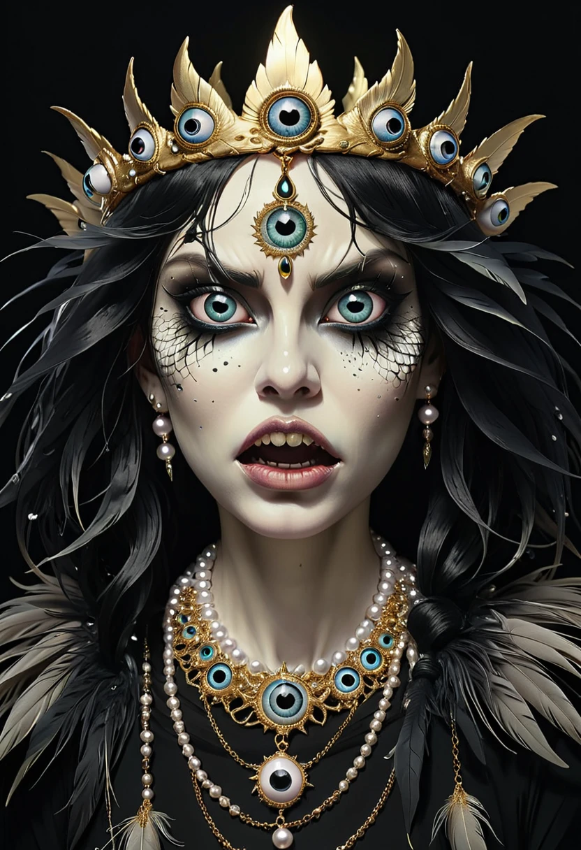 (((Grotesque Aesthetics:1.37))),Fish demon，Fish scale skin on shoulders，There are many eyeballs growing on the skin of the face，Eyeball Necklace，Eyeball Crown，Realistic eyeballs，teeth，Distorted face， Solitary，black background，crown，veil，hand，Pearl Necklace，Feather wings，wing
