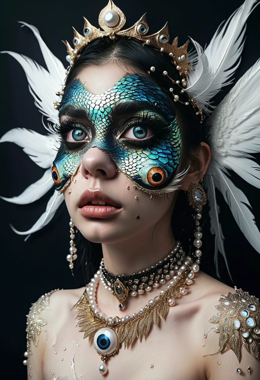 (((Grotesque Aesthetics:1.37))),Fish demon，Fish scale skin on shoulders，There are many eyeballs growing on the skin of the face，Eyeball Necklace，Eyeball Crown，Realistic eyeballs，teeth，Distorted face， Solitary，black background，crown，veil，hand，Pearl Necklace，Feather wings，wing
