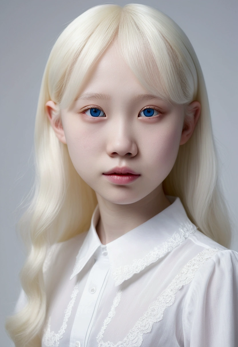 korean, cute, small face, (((White Background:1.3)))、(((1 albino girl、Cute Face、pretty girl))), 16 years old,(((The eyes are white:1.3)))、White Dress、((White shirt:1.3、White Block Dress)), Tyndall effect, Realistic, Shadow Studio,ultramarine、illumination, Dual tone illumination, (Skin with attention to detail: 1.2)、薄Dark illumination、Dark illumination、 photograph, High resolution, 4K, 8k, Background Blur,Beautiful fade out、White world、White Background
