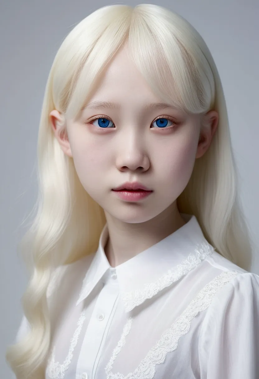 korean, cute, small face, (((white background:1.3)))、(((1 albino girl、cute face、pretty girl))), 16 years old,(((the eyes are whi...