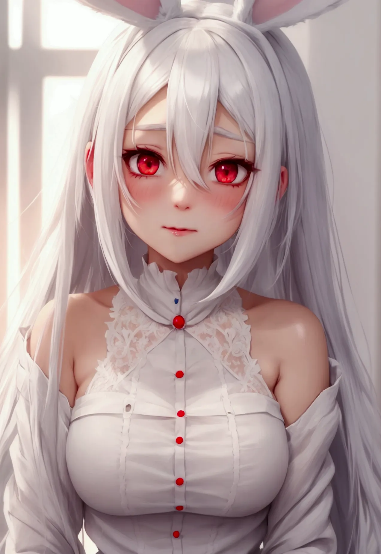 anime girl with white hair and bunny ears, red eyes, shy blush,