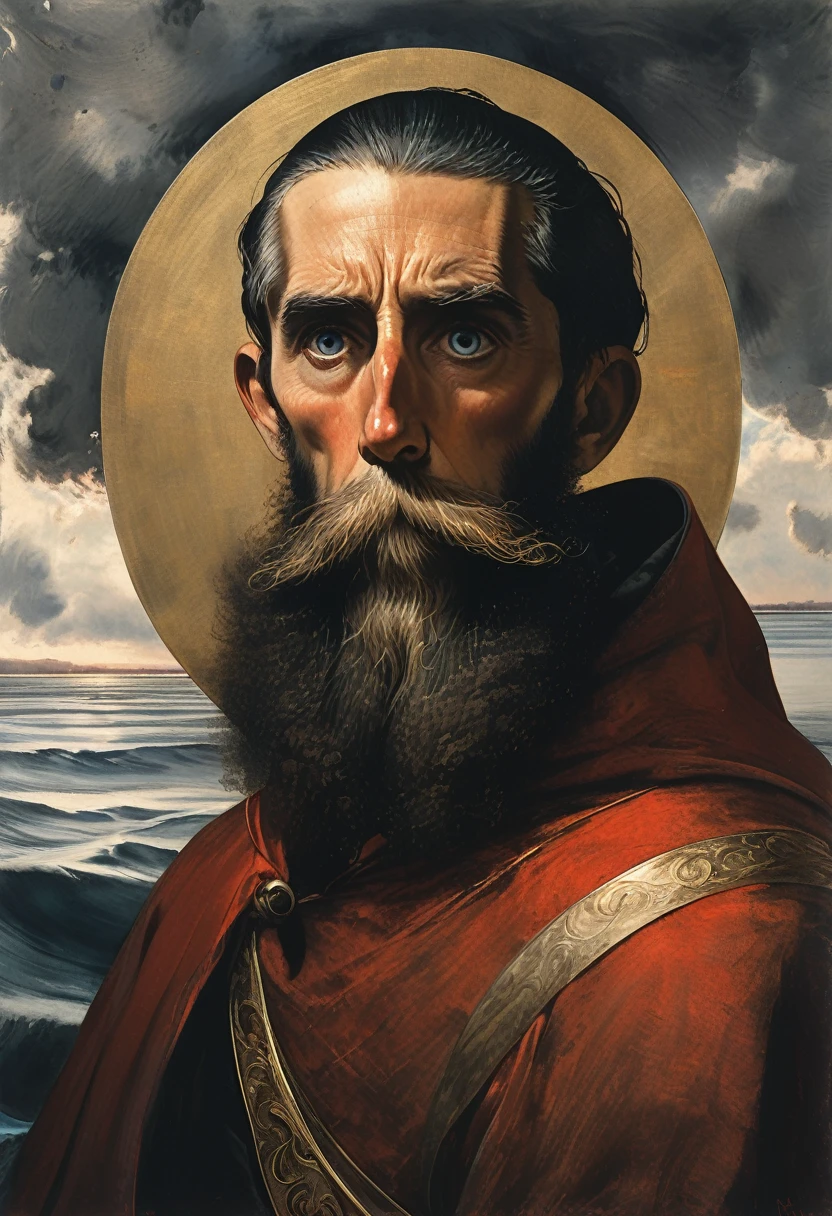 un portrait d&#39;un homme avec une barbe et une moustache est capturé en gros plan, Prise de vue au niveau des yeux. il est vêtu d&#39;un manteau rouge, un casque, et une ceinture blanche autour du cou. son bras droit est plié au niveau du coude, tandis que son bras gauche est tendu vers le spectateur. son visage est orné d&#39;un halo d&#39;or, et il tient un parchemin dans sa main droite. la toile de fond présente un plan d&#39;eau, avec un bateau amarré au loin. le ciel au dessus est une toile de gris, avec quelques nuages vaporeux