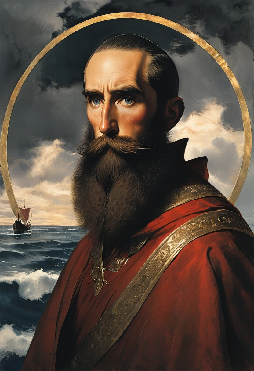 un portrait d&#39;un homme avec une barbe et une moustache est capturé en gros plan, Prise de vue au niveau des yeux. il est vêtu d&#39;un manteau rouge, un casque, et une ceinture blanche autour du cou. son bras droit est plié au niveau du coude, tandis que son bras gauche est tendu vers le spectateur. son visage est orné d&#39;un halo d&#39;or, et il tient un parchemin dans sa main droite. la toile de fond présente un plan d&#39;eau, avec un bateau amarré au loin. le ciel au dessus est une toile de gris, avec quelques nuages vaporeux