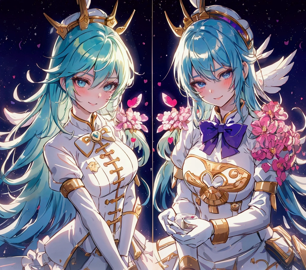 Blue-green hair, short hair, Beautiful Hair, Beautiful attention to detail, Ultra-detailed eyes、Sparkling eyes,Red eyeshadow on eyelids、Turquoise eyes、Fine eyes to be sucked in,blush, BREAK、(Tabletop:1.3), (Highest quality:1.3), High resolution, Cooboy Shot, behind, Sleep, (pretty girl:1.3), alone, White skin, Small breasts, Big smile、Eight-headed man, Heart symbol, Outdoor, Purple Background, Gorgeous bedding, Best image quality、Octane、Shadow lighting, BREAK、teacher, Wearing a white dress, White leggings, Look at the details, Detailed eyes, Purple bow tie, A golden crown floating on her head, The background is China&#39;s space