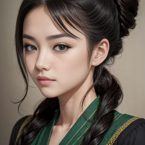 realistic portrait of a 18 year old, asian girl, 4'10" stature, long black hair in half updo, two long strands framing her face,...