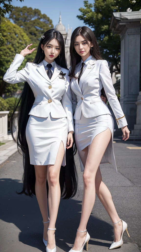 Highest quality, Masterpiece, 8D, Ultra high resolution, (reality:1.4), Two girls, beautiful expression, decorated with royal accessories, high military rank, symmetrical eyes, big, body proportionsที่สมบูรณ์แบบ, airline stewardess, ชุดสูทwhite, Short pencil skirt, high-heelsสีดำ, rift, ขนาดbig, look at the audience, (ที่ลานgardenสาธารณะ:1.2), Long legs(1.3), smile, body proportions, สวมmilitary rank insignia, Colonel rank, Monument backdrop, royal ceremony, business woman, beautiful woman, Wear a suit and tie, short skirt suit, business suitwhite, กระโปรงดินสอสั้นwhite, business suitรัดรูป, All white outfit, Emphasize the curves of the body, (สาวสวยTwo meter long hair, my hair is very long., extra long hair, long black hair), business suit, (Italian style suit, two button suit), (Italian suit, white สูท, Set of two buttons), (wearing a women&#39;s suit, Business Women Suit, white), (สูทผู้หญิงwhite), (เสื้อเชิ้ตwhite), necktie, (necktieสั้นสีดำ, necktieสีดำ, necktieผอม, ถักnecktie), (military rank insignia), (Short pencil skirtwhite), (Dynamic posts), full body, (riftขนาดมหึมา), (หน้าอกbig, thin body, small waist, hips raised, small thighs, Long legs), high-heelsสีดำ, (Short pencil skirt, white), Wearing a suit for a business woman, (Wearing a white businesสูท, business suitหญิงwhite), (tight, military regalia, เสื้อwhite, กระโปรงwhite), Long legs, (black shoes), (Two gold สูท buttons, Two meter long hair, Form fitting suit, เสื้อสูทwhiteทรงธรรมดารัดรูป), (black shoes, high-heels), (stand, walk, elegant gesture, Dynamic posts), short dress, earring, garden, Modeling, ภาพfull body, เหมือนfull body