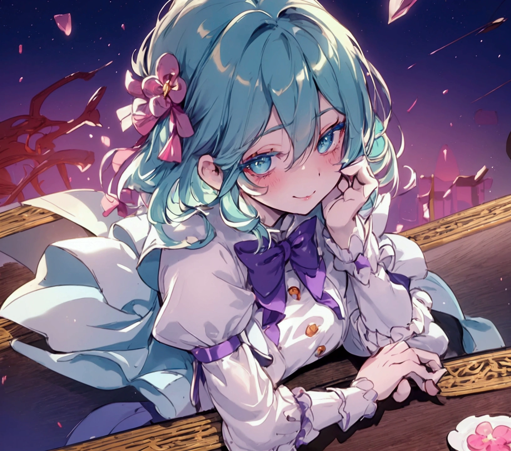 blue-green hair, short hair, beautiful hair, beautiful detailed eyes, super detailed eyes, sparkling eyes, red eye shadow on eye lids, blue-green eyes, absorbing fine eyes, blush, break, (Table Top:1.3), (Best Quality:1.3), high res, couboy shot, behind Sleeping, (Cute Girl:1.3), Alone, White Skin, Small Breasts, Big Smile, Eight Headed Man, Heart Mark, Outdoors, Purple Background, Gorgeous Bedding, Best Picture Quality, Octane, Shadow Lighting, Break, Teacher, Wearing White Dress, White Leggings, Spotting Detail, Detailed Eyes, Purple Bow Tie golden crown floating on her head, background Chinese universe