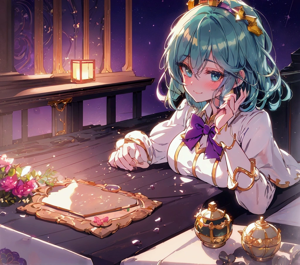 blue-green hair, short hair, beautiful hair, beautiful detailed eyes, super detailed eyes, sparkling eyes, red eye shadow on eye lids, blue-green eyes, absorbing fine eyes, blush, break, (Table Top:1.3), (Best Quality:1.3), high res, couboy shot, behind Sleeping, (Cute Girl:1.3), Alone, White Skin, Small Breasts, Big Smile, Eight Headed Man, Heart Mark, Outdoors, Purple Background, Gorgeous Bedding, Best Picture Quality, Octane, Shadow Lighting, Break, Teacher, Wearing White Dress, White Leggings, Spotting Detail, Detailed Eyes, Purple Bow Tie golden crown floating on her head, background Chinese universe