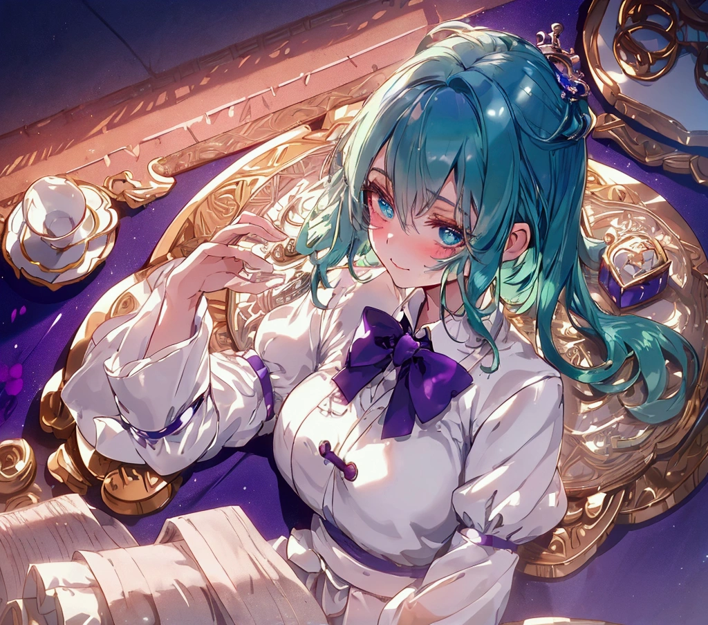 blue-green hair, short hair, beautiful hair, beautiful detailed eyes, super detailed eyes, sparkling eyes, red eye shadow on eye lids, blue-green eyes, absorbing fine eyes, blush, break, (Table Top:1.3), (Best Quality:1.3), high res, couboy shot, behind Sleeping, (Cute Girl:1.3), Alone, White Skin, Small Breasts, Big Smile, Eight Headed Man, Heart Mark, Outdoors, Purple Background, Gorgeous Bedding, Best Picture Quality, Octane, Shadow Lighting, Break, Teacher, Wearing White Dress, White Leggings, Spotting Detail, Detailed Eyes, Purple Bow Tie golden crown floating on her head, background Chinese universe