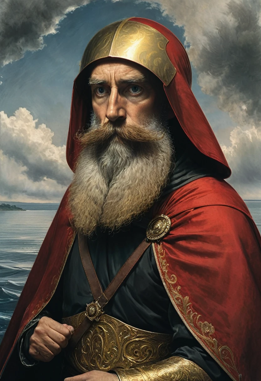 un portrait d&#39;un homme avec une barbe et une moustache est capturé en gros plan, Prise de vue au niveau des yeux. il est vêtu d&#39;un manteau rouge, un casque, et une ceinture blanche autour du cou. son bras droit est plié au niveau du coude, tandis que son bras gauche est tendu vers le spectateur. son visage est orné d&#39;un halo d&#39;or, et il tient un parchemin dans sa main droite. la toile de fond présente un plan d&#39;eau, avec un bateau amarré au loin. le ciel au dessus est une toile de gris, avec quelques nuages vaporeux