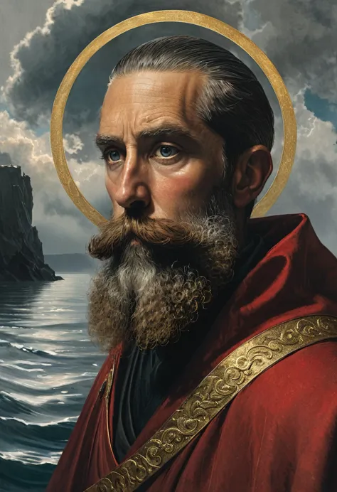 a portrait of a man with a beard and mustache is captured in a close-up, eye-level shot. he's dressed in a red cloak, a helmet, ...