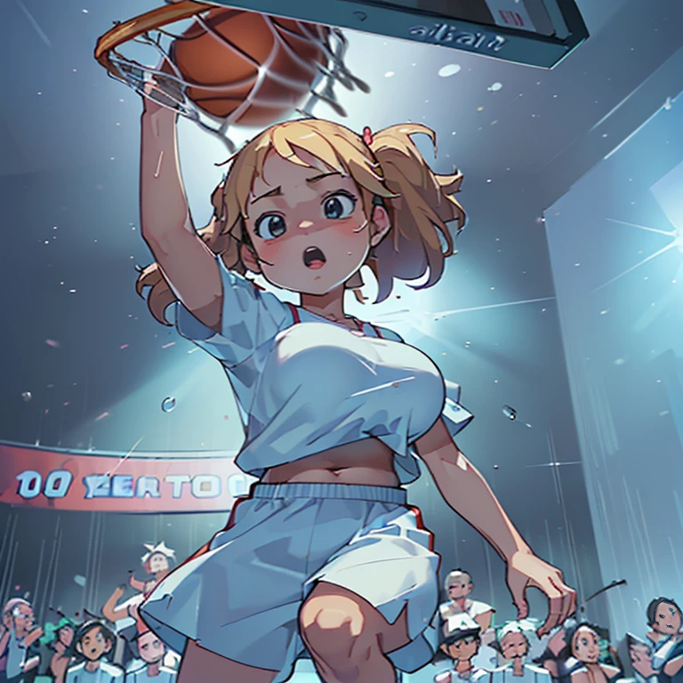 (Top quality, ultra-high quality, ultra-high definition, realistic masterpiece, (extremely detailed CG illustration: 1.2) One girl, (((Mini cute girl))) (Basketball player, uniform with team name embroidered, belly button exposed) (Loli big breasts, 10 years old: 1.5) Realistic anime face (Indoor stadium, many lights on the ceiling, many spectators, cheers) (((Beautiful girl dynamically slam-dunking one ball with both hands, two hands, one ball, goal hoop creaking))) Sweat droplets flying, impressive lighting, powerful lighting, looking up, sideways