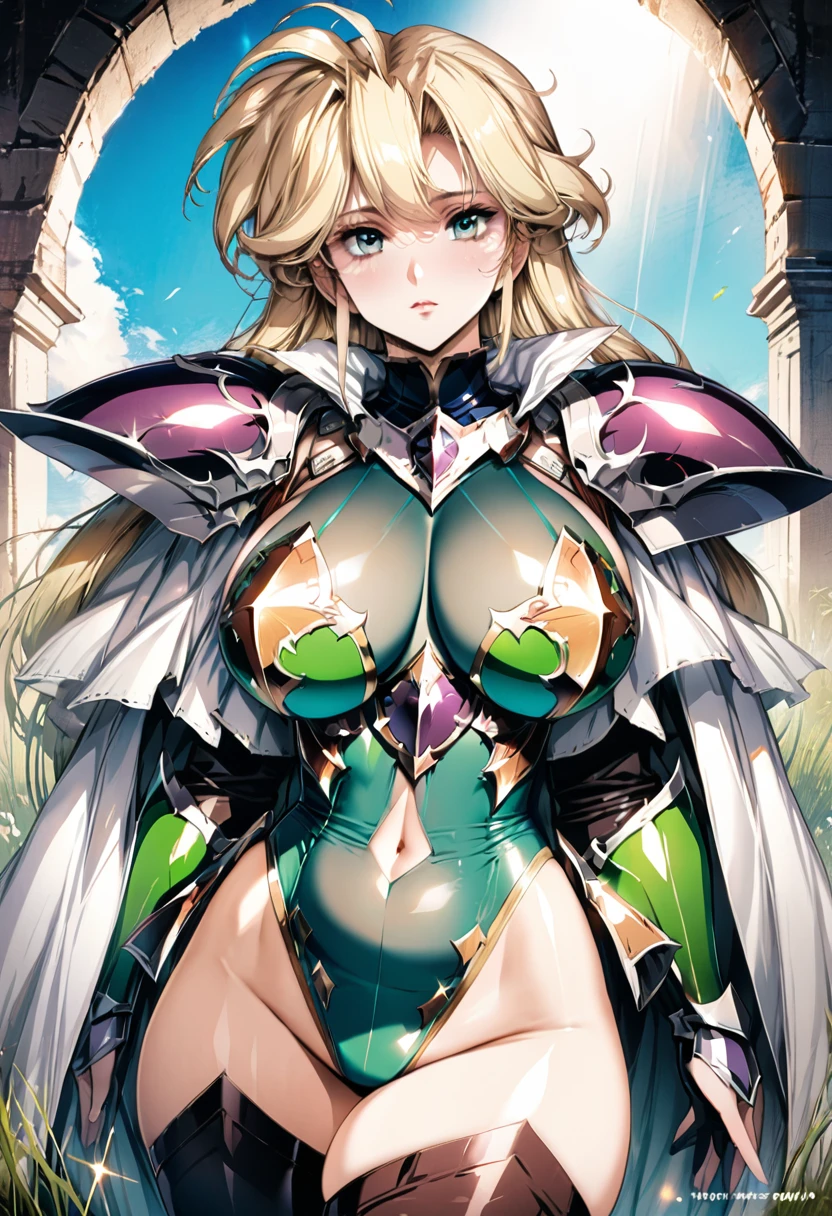 ((highest quality)), ((masterpiece)), ((hyperrealistic)), (detailed background), 1girl, ((curvy: 1.2)), ((Sparkling sequin lame green leotard armor: 1.3)), ((catsuit)), ((white paladin armor)), (long skirt dress), cloak de cour, gauntlet, gloves, belt, Blonde hair, ahoge, (huge breasts), (see-through cleavage cutout), (zettai ryouiki armored thigh high boots), (thighs), (groin area), (belly cutout), beautiful eyes, perfect face, Perfect hands, perfect fingers, Blue sky and grassland,