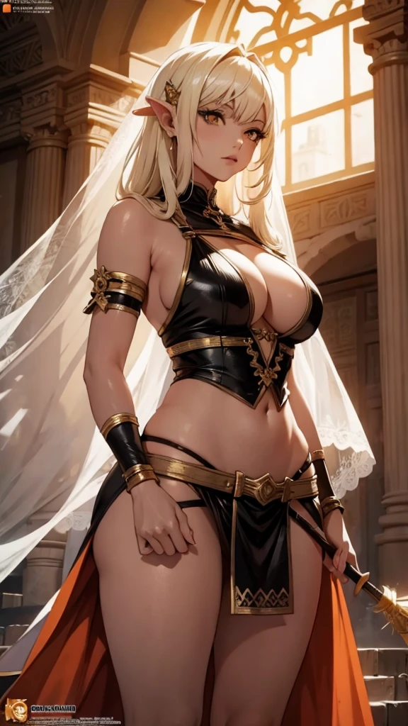 masterpiece,Female Warrior， best quality, high resolution, 1 Girl,clothing, Blonde Hair, Orange eyes, veil, diaphragm, Pointed ears, Large Breasts, Curvy beauty,Upper Body,Arabic dancers，Holding a spear