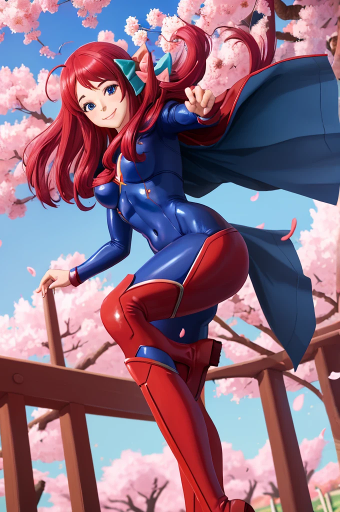 masterpiece, best quality:1.2), 1girl, smile, looking at viewer, blue eyes, minamoto sakura, ahoge, hair bow, dressed as superwoman, full bodysuit, blue catsuit, red cloak cape, red boots, standing in park under cherry blossoms