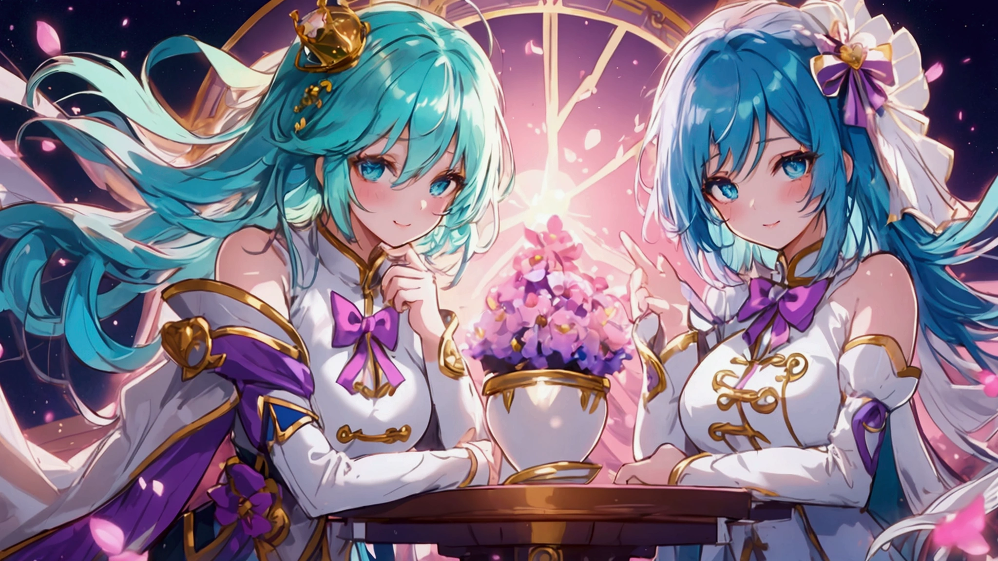 Blue-green hair,short hair, Beautiful Hair,(Tabletop:1.3), (Highest quality:1.3), High resolution, Cooboy Shot, behind, Sleep, (pretty girl:1.3), alone, White skin, Small breasts, Big smile、Eight-headed man,  Beautiful attention to detail, Ultra-detailed eyes、Sparkling eyes,Iridescent aura around the eyes、Turquoise eyes、Fine eyes to be sucked in,blush, Heart symbol, Outdoor, Purple Background, Gorgeous bedding, Best image quality、Octane、Shadow lighting, teacher, Wearing a white dress, White leggings, Look at the details, Detailed eyes, Purple bow tie, A golden crown floating on her head, The background is China&#39;s space
