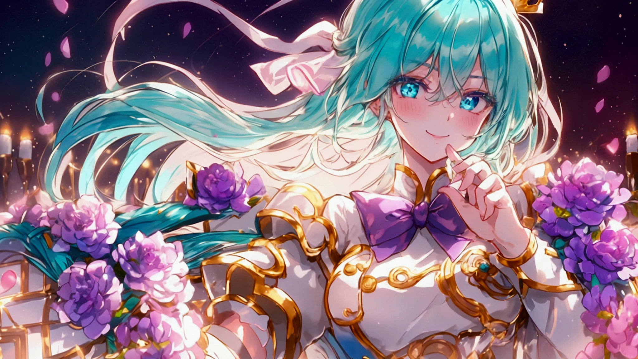 Blue-green hair,short hair, Beautiful Hair,(Tabletop:1.3), (Highest quality:1.3), High resolution, Cooboy Shot, behind, Sleep, (pretty girl:1.3), alone, White skin, Small breasts, Big smile、Eight-headed man,  Beautiful attention to detail, Ultra-detailed eyes、Sparkling eyes,Iridescent aura around the eyes、Turquoise eyes、Fine eyes to be sucked in,blush, Heart symbol, Outdoor, Purple Background, Gorgeous bedding, Best image quality、Octane、Shadow lighting, teacher, Wearing a white dress, White leggings, Look at the details, Detailed eyes, Purple bow tie, A golden crown floating on her head, The background is China&#39;s space
