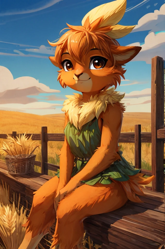 score_9, score_8_above, score_7_above, score_6_above, from below, Farm, barn, outdoor, wheat field, sitting on a fence BREAK alone, 1 girl, Torchic, faun \(spy\), orange fur, the second, bird, brown eyes, leaf dress, sexy