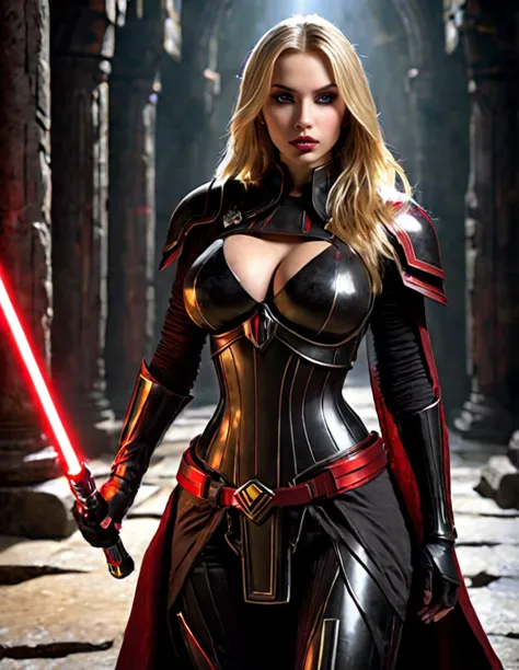 1girl, long blonde hair, sensual appearance, sith lord, inspired by star wars old republic, wearing tight black armor, walking t...