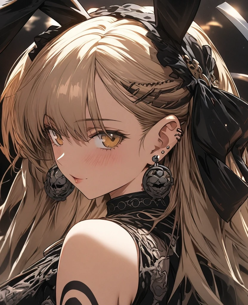 One Girl、Earrings、Tribal tattoo、Gothic Lolita design clothes、Line art、tobacco、Background yellow、Octane Rendering Style、Bunny earasterpiece, best quality, extremely detailed CG unity 8k wallpaper, Portraiture