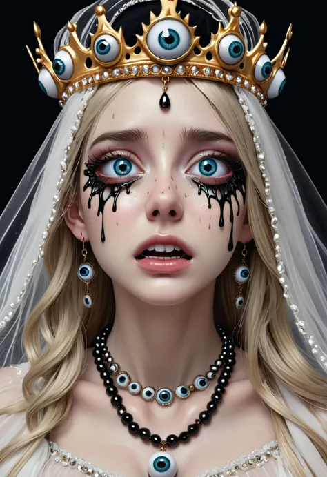 grotesque aesthetics：girl with extra eyes，tears，there are many eyeballs growing on the skin of the face，eyeball necklace，eyeball...