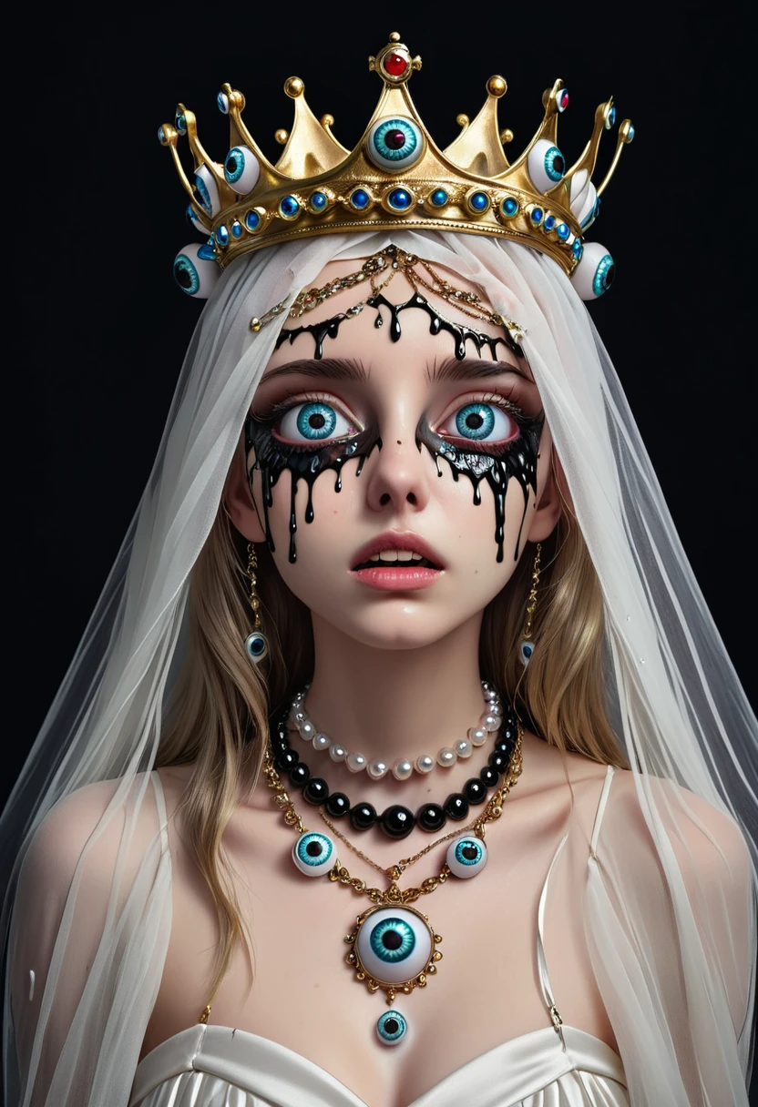 Grotesque Aesthetics：Girl with extra eyes，Tears，There are many eyeballs growing on the skin of the face，Eyeball Necklace，Eyeball Crown，Realistic eyeballs，teeth，Distorted face， Solitary，black background，crown，veil，hand，3D eye bead necklace，
