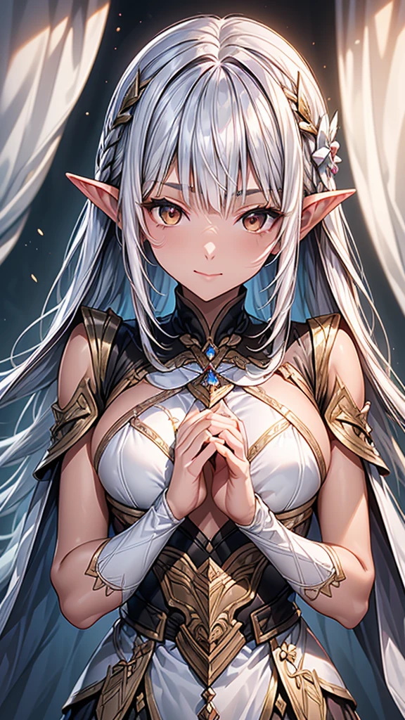 Masterpiece、High resolution、high quality、32k、(Dark Elf Teenager Female、Long pointed ears、((Beautiful silver hair))、Bobcut、Short Hair、((tanned brown skin))、Golden Eyes、Shining Eyes、Wear heavy Western armor)、smile、blush、Love me、Place your hand on your chest、(Focus on the upper body:1.5)