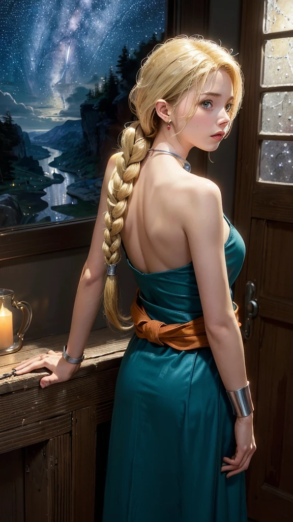 (8k, RAW photo, best quality, masterpiece), (realistic, photo realistic:1.25),
(ultra-detailed blonde hair),weary look,(standing,Forward bend,From behind, looking away:1.3)
bianca, dq5, (long hair, blonde combed hair,tangle_free hair, single braid, hair over shoulder), blue eyes, huge breasts,green dress, cleavage, jewelry, earrings, choker,orange cape, bracelet,
,(at night,inside the house,Look up at the sky through an open window,Starry skyat night:1.2)