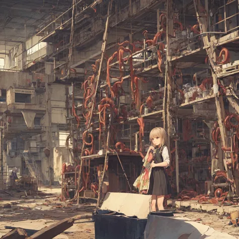 girl captured by tentacles in abandoned factory　tentacles in a skirt　pants fabric texture