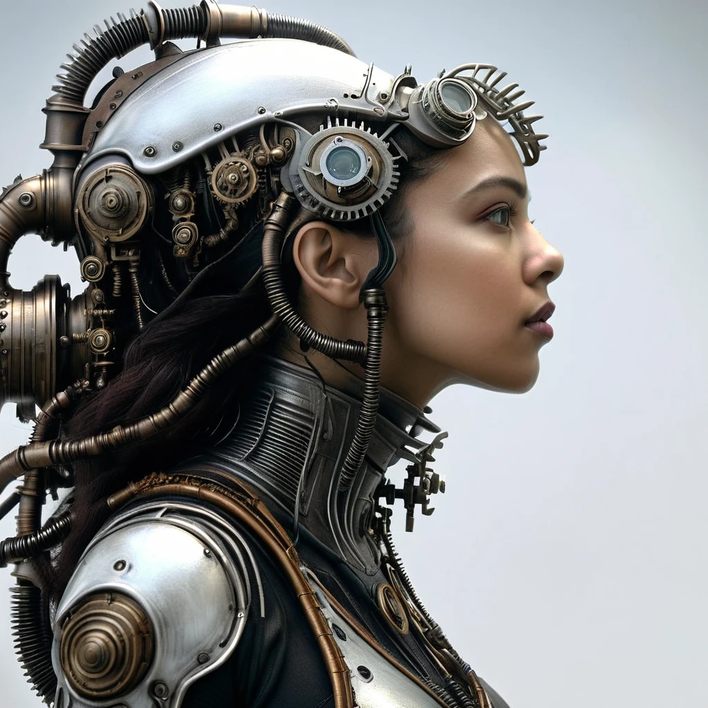 ah, mulher, steampunk, vista lateral, fundo branco, motor irreal, Inspirado em HR Giger, Retrato de meio corpo, Muito detalhado, fotorrealista, Filme, fotos, Foto tirada no estilo de uma câmera Sony Alpha A7 III