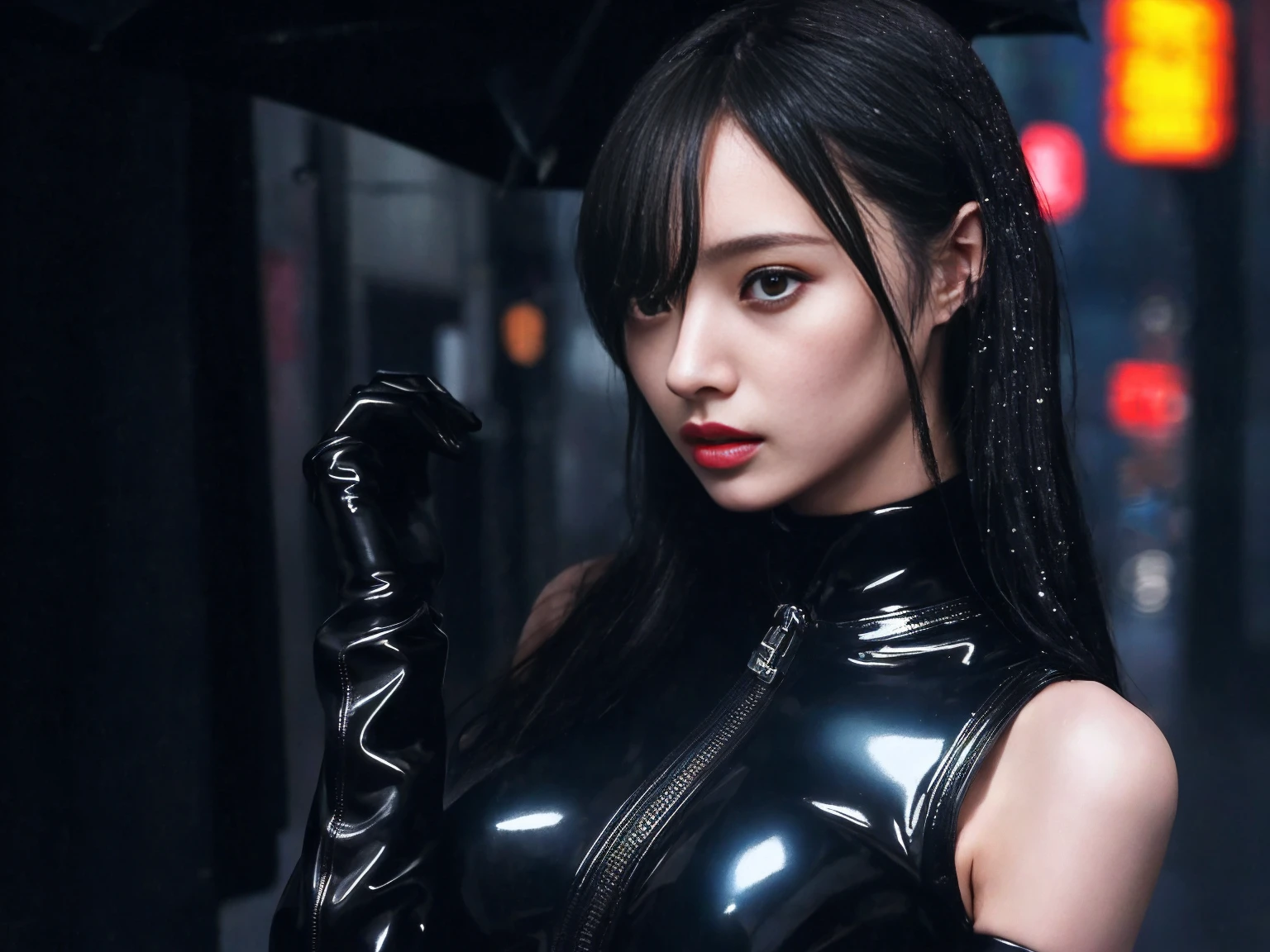 Girl on the street, night, It rains, Cyberpunk City Background, Rainy Street, Cinematic, Bodysuits, Black gloves, Under the chest, Black latex sleeves, Exposing the stomach and thighs, Long black hair, Leg Straps, Beautiful Face, Beautiful Lips, Stylish woman, high quality, Insane Details, Professional Lighting, Cool pose, Cinematic, 8k wallpaper, (smile:0.5)