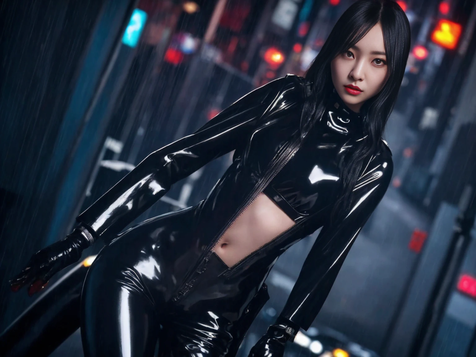 Girl on the street, night, It rains, Cyberpunk City Background, Rainy Street, Cinematic, Bodysuits, Black gloves, Under the chest, Black latex sleeves, Exposing the stomach and thighs, Long black hair, Leg Straps, Beautiful Face, Beautiful Lips, Stylish woman, high quality, Insane Details, Professional Lighting, Cool pose, Cinematic, 8k wallpaper, (smile:0.5)